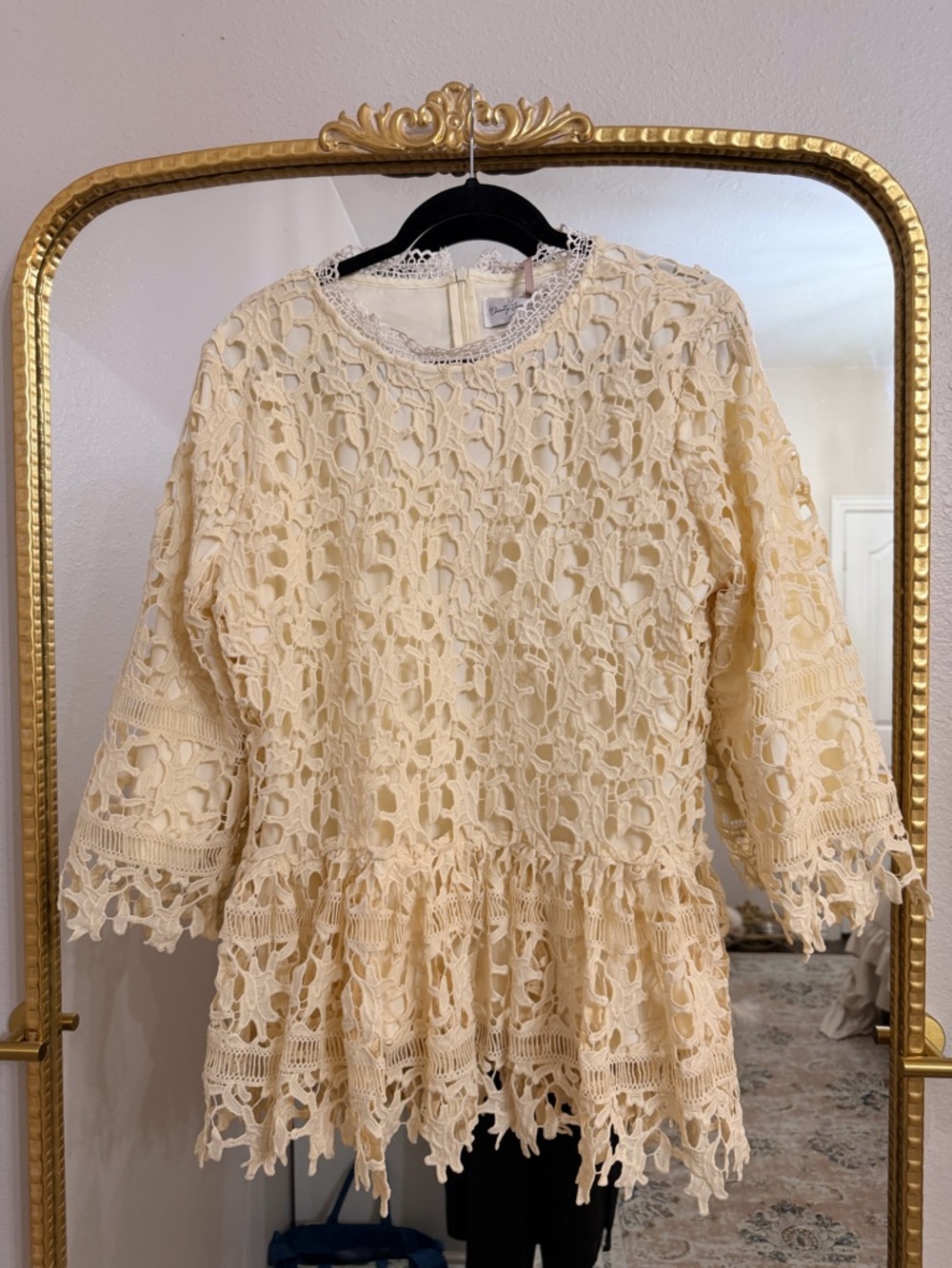 Dainty Jewells Cream Crochet Lace Top with Pink Ribbon Detail